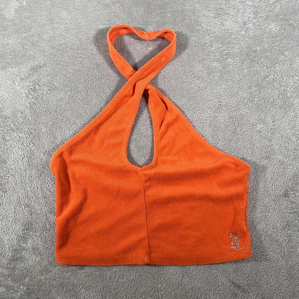 Juicy Couture Top Womens‎ Medium Orange Terry Halter Smocked Rhinestone Logo